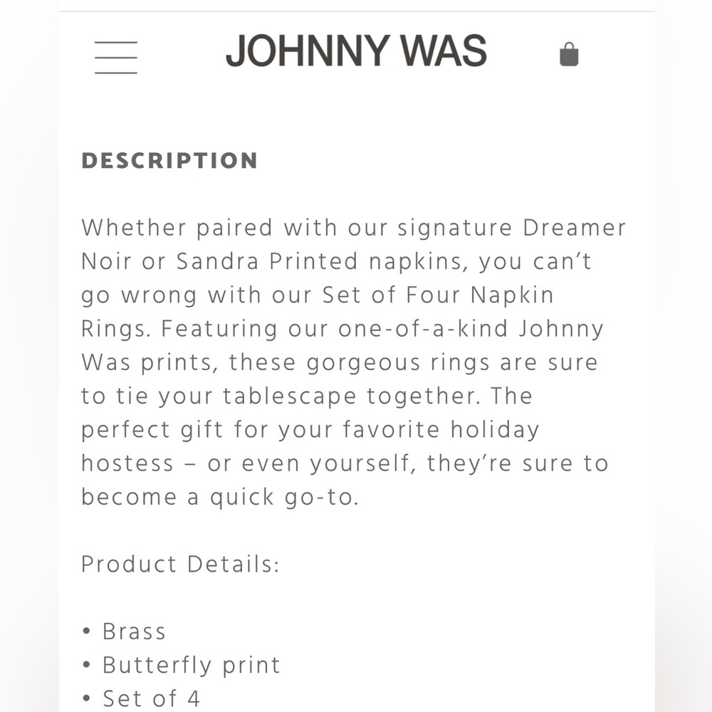 NWT set of 4 Johnny Was Butterfly 🦋 Brass Napkin Rings. - Picture 5 of 8